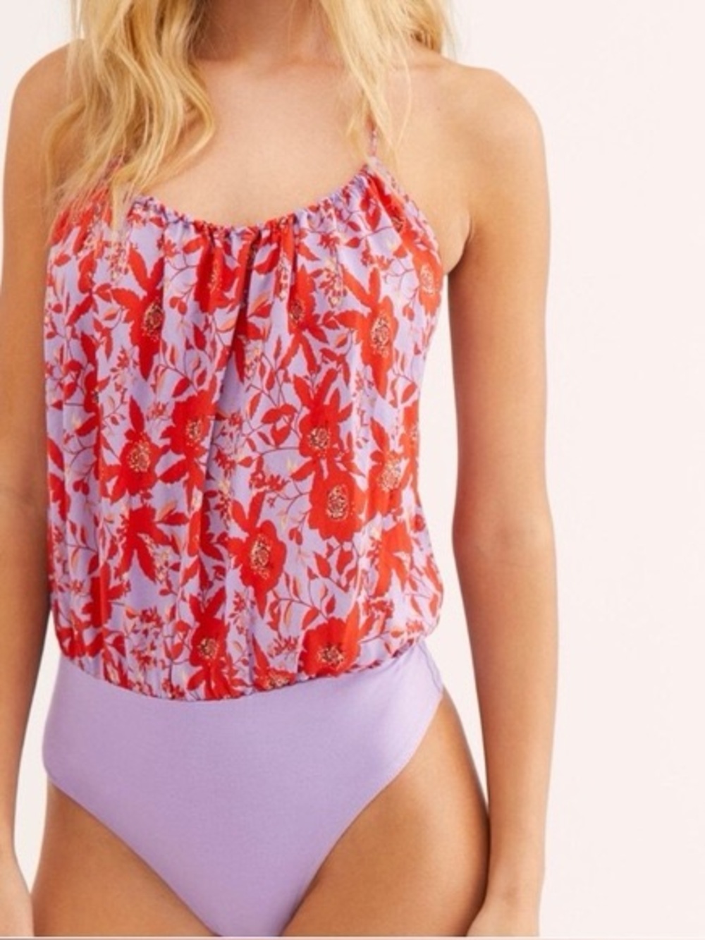 NWOT Free People Liza Purple Multi Floral Print Halter Bodysuit in Size XL